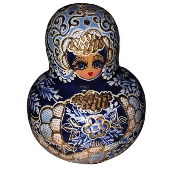 8 Nesting Dolls Russian Matryoshka Blue Gold Hand-Painted Artisan Signed - Picture 3 of 16